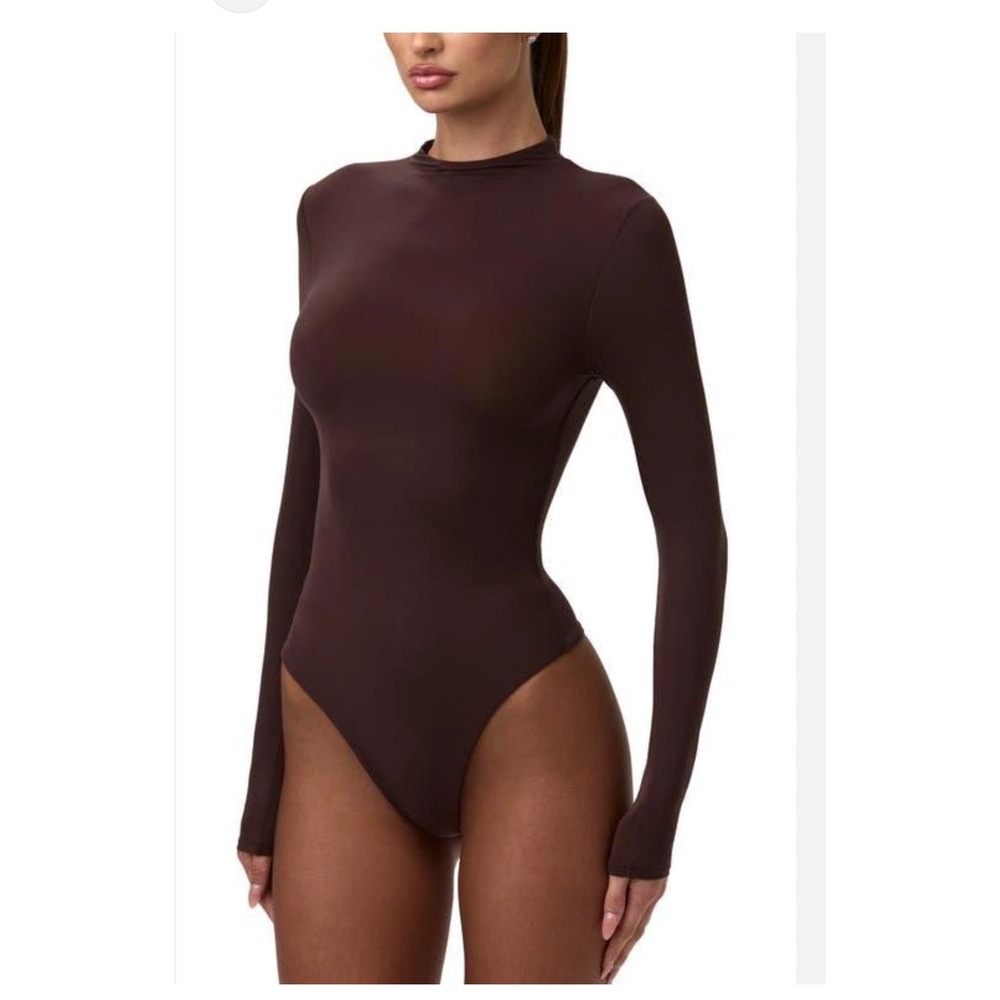 Naked Wardrobe Ribbed Mock Neck Long Sleeve Bodysuit Chocolate Brown NWT S